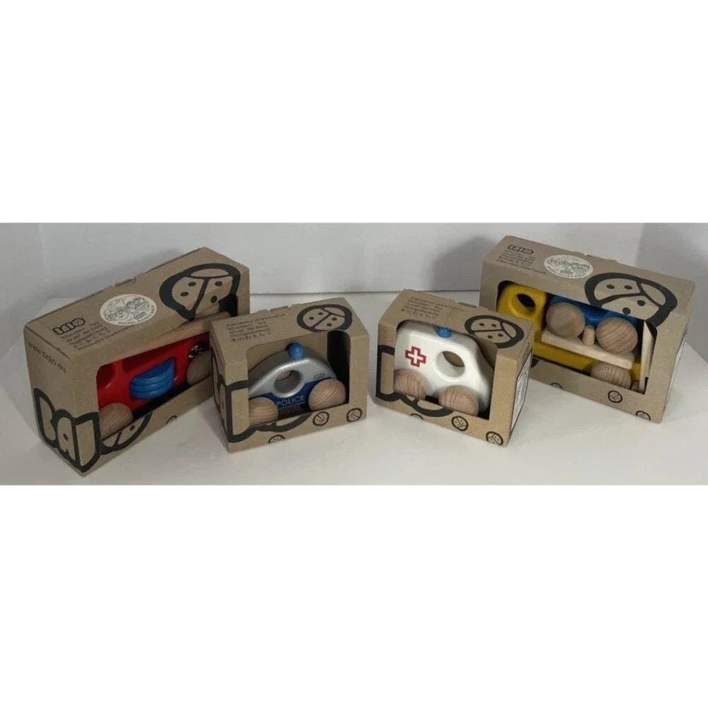Bajo Wooden Toy Truck Emergency Vehicle Set - Police Ambulance Fire‎ Tow Truck